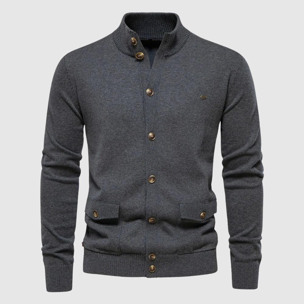 Thick knit cotton cardigan with turn-down collar and sequined decoration for casual winter wear