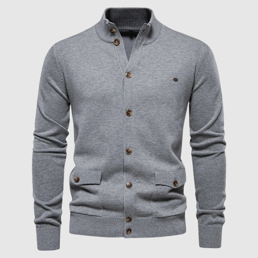 Thick knit cotton cardigan in classic style with turn-down collar and sequined decoration for women