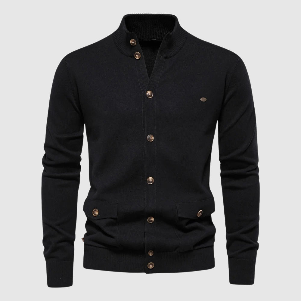 Ivory thick-knit cotton cardigan with turn-down collar and sequined decoration, relaxed casual fit