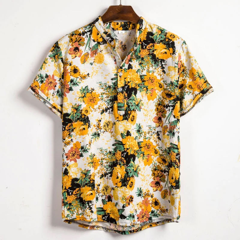 Floral print short sleeve linen blend shirt with mandarin collar in coastal relaxed style