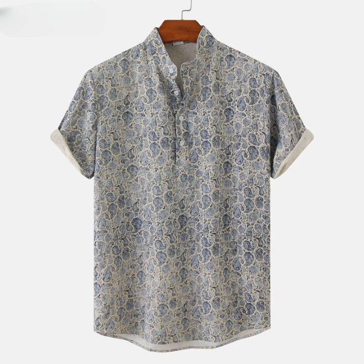 Floral print short sleeve linen blend shirt with mandarin collar in coastal relaxed style