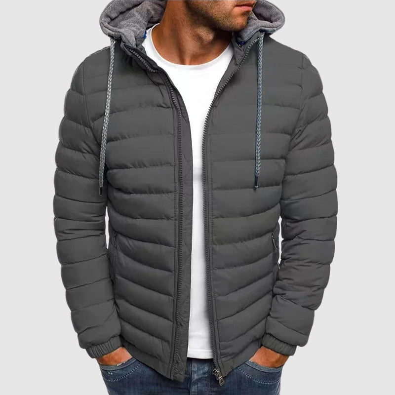 Men's insulated hooded jacket in neutral tones, full-zip streetwear style with thick premium poly construction