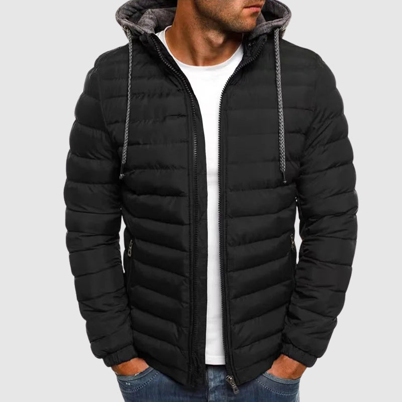 Men's insulated hooded jacket in black streetwear style with full-zip closure and premium poly fill