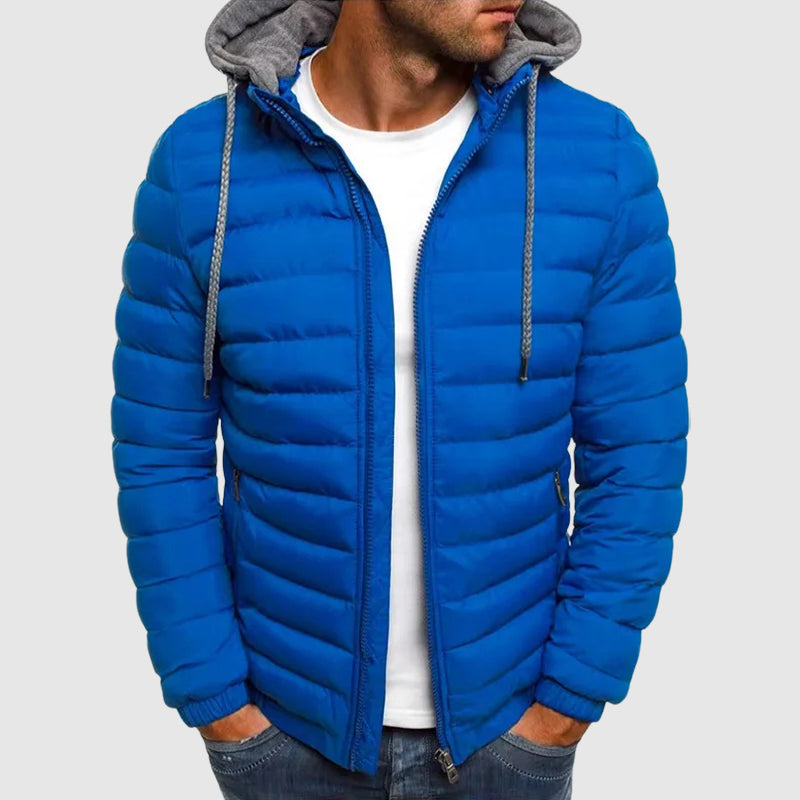 Men's insulated hooded jacket in neutral tones, full-zip streetwear style with thick cold-weather design