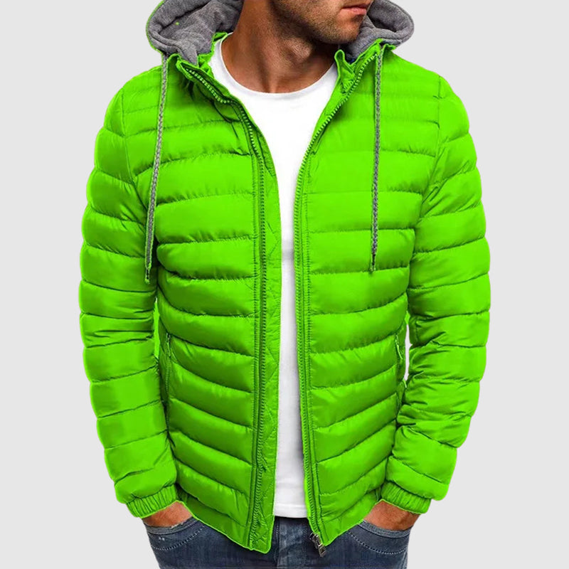 Men's insulated hooded jacket in neutral tones, full-zip streetwear style with thick winter-ready silhouette