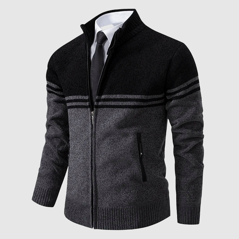 Navy and white striped zip-up corporate cardigan with high collar and ribbed cuffs
