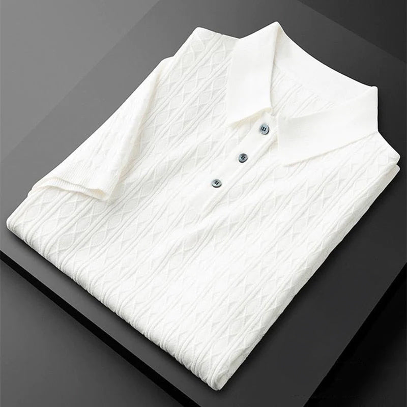 Theodore Willow Elegance slim-fit polo shirt with diamond-knit weave and half-button closure