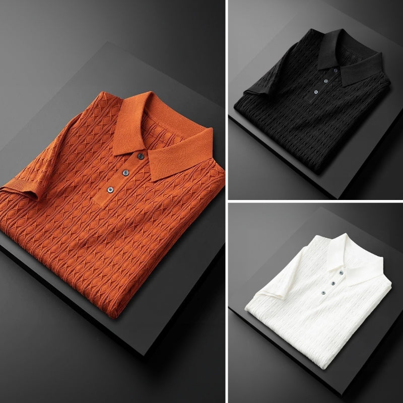 Theodore Willow Elegance slim-fit polo shirt with diamond-knit weave and half-button closure