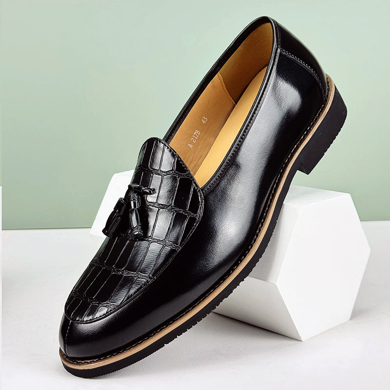 Men's brown crocodile-embossed tassel loafers with microfiber leather upper and classic refined silhouette
