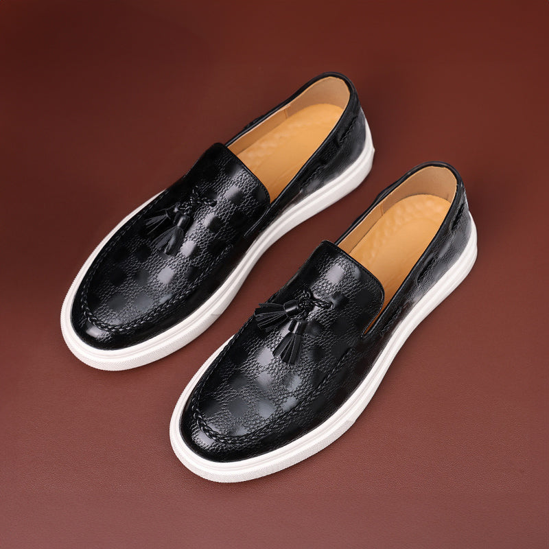 Brown embossed texture loafers with tassel embellishment, sophisticated slip-on style for men