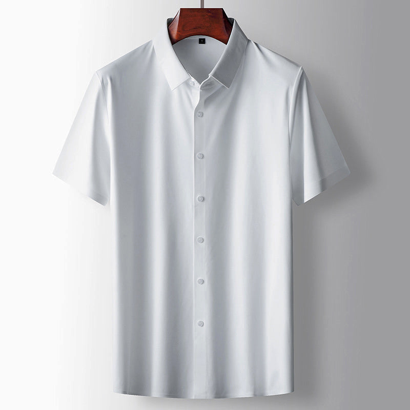 Theodore Willow unisex essential shirt in neutral tone, short-sleeve button-front with classic turn-down collar