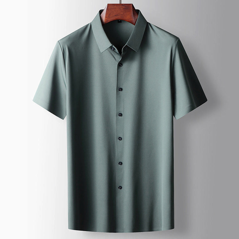 Theodore Willow unisex short-sleeve button-front shirt in clean minimalist style with turn-down collar