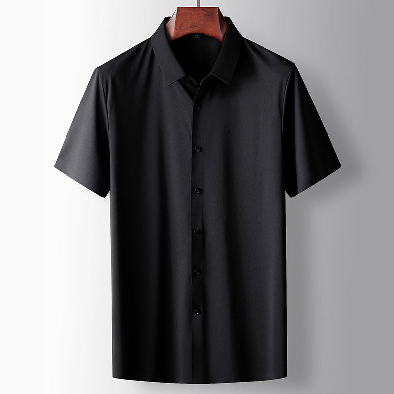 Theodore Willow unisex short-sleeve shirt in neutral tone with turn-down collar and button-front closure