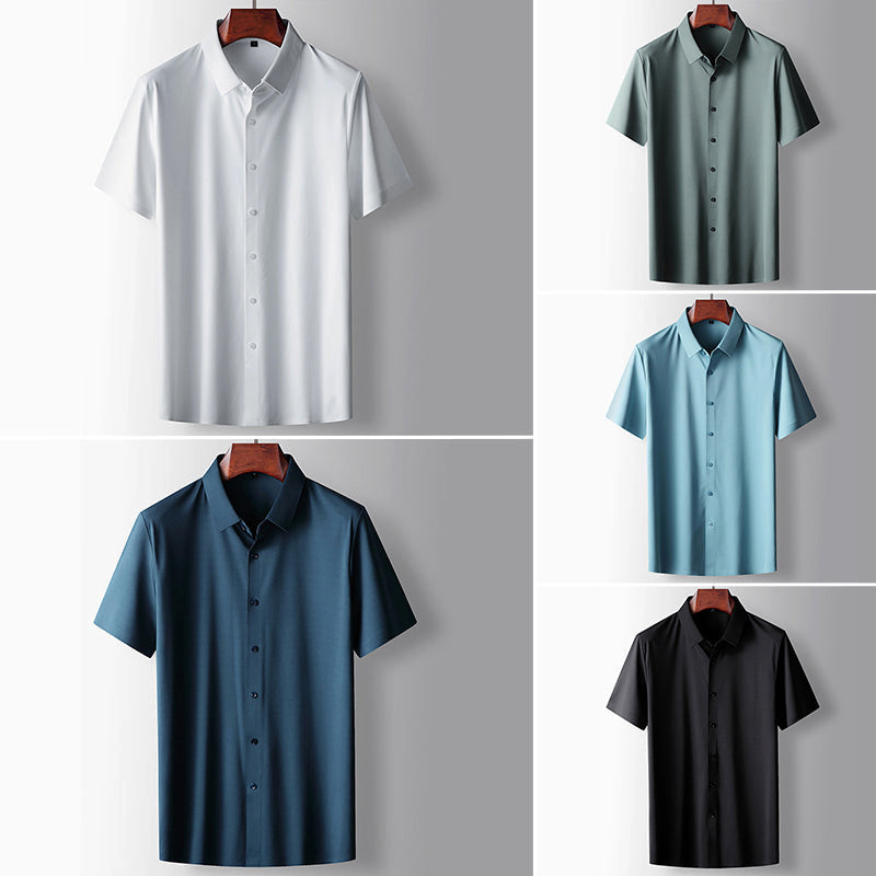 Theodore Willow unisex short-sleeve button-front shirt in neutral tones with classic turn-down collar