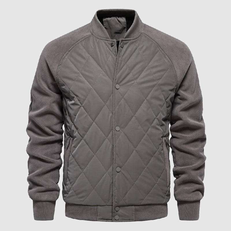 Theodore Willow olive quilted bomber jacket with fleece sleeves, ribbed cuffs, and buttoned front closure