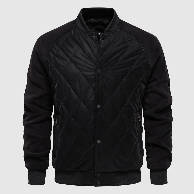 Quilted bomber jacket with fleece sleeves, buttoned front, ribbed cuffs in classic sporty style
