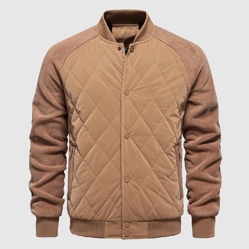 Olive quilted bomber jacket with fleece sleeves, ribbed cuffs, and buttoned front closure