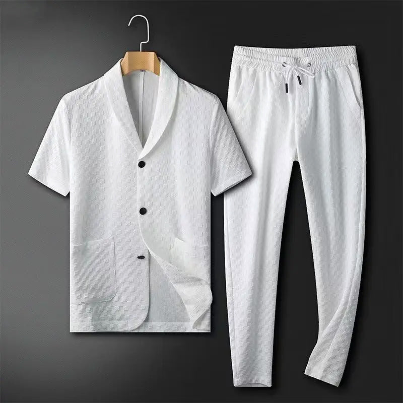 Men's short sleeve blazer trousers set relaxed fit breathable textured cotton casual two-piece ensemble