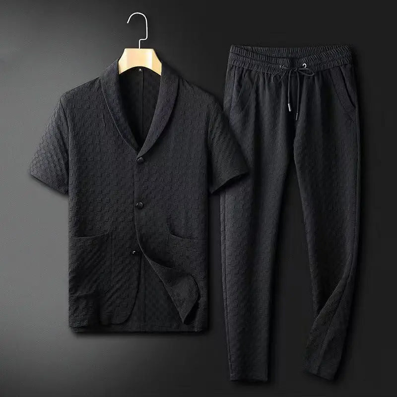 Men's short-sleeve blazer and trousers set relaxed fit breathable textured cotton casual two-piece