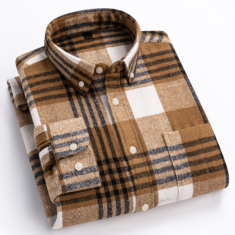 Theodore Willow men's classic plaid shirt in neutral tones, relaxed contemporary cut, premium cotton