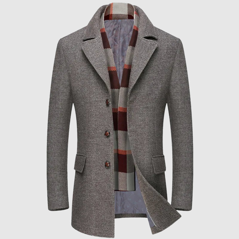 Classic grey tailored woolen coat with quilted lining and integrated plaid scarf accent