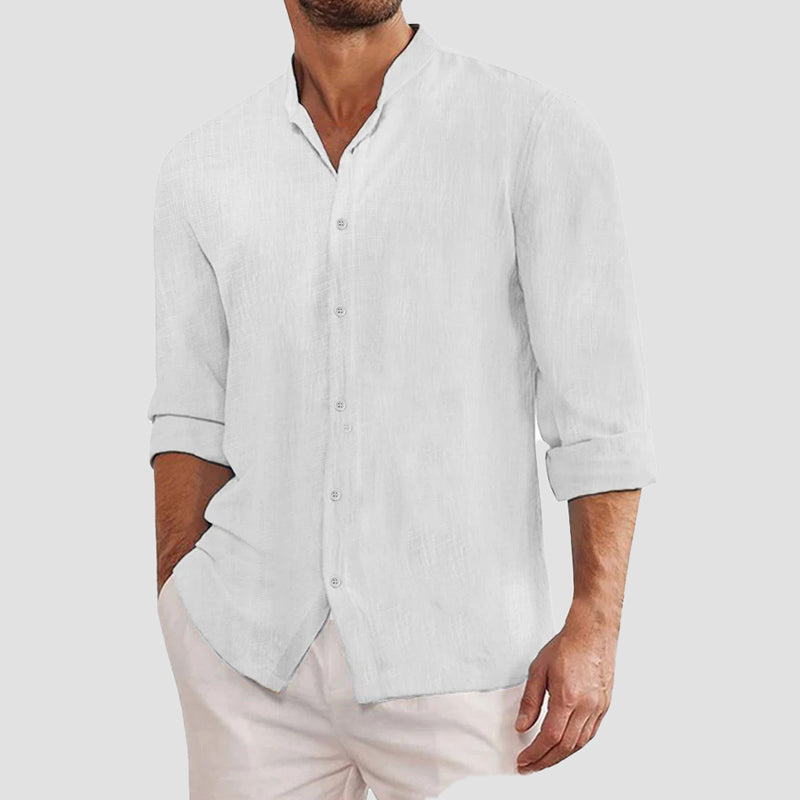 Theodore Willow Maestro men's white linen cotton blend shirt with button closure long sleeves