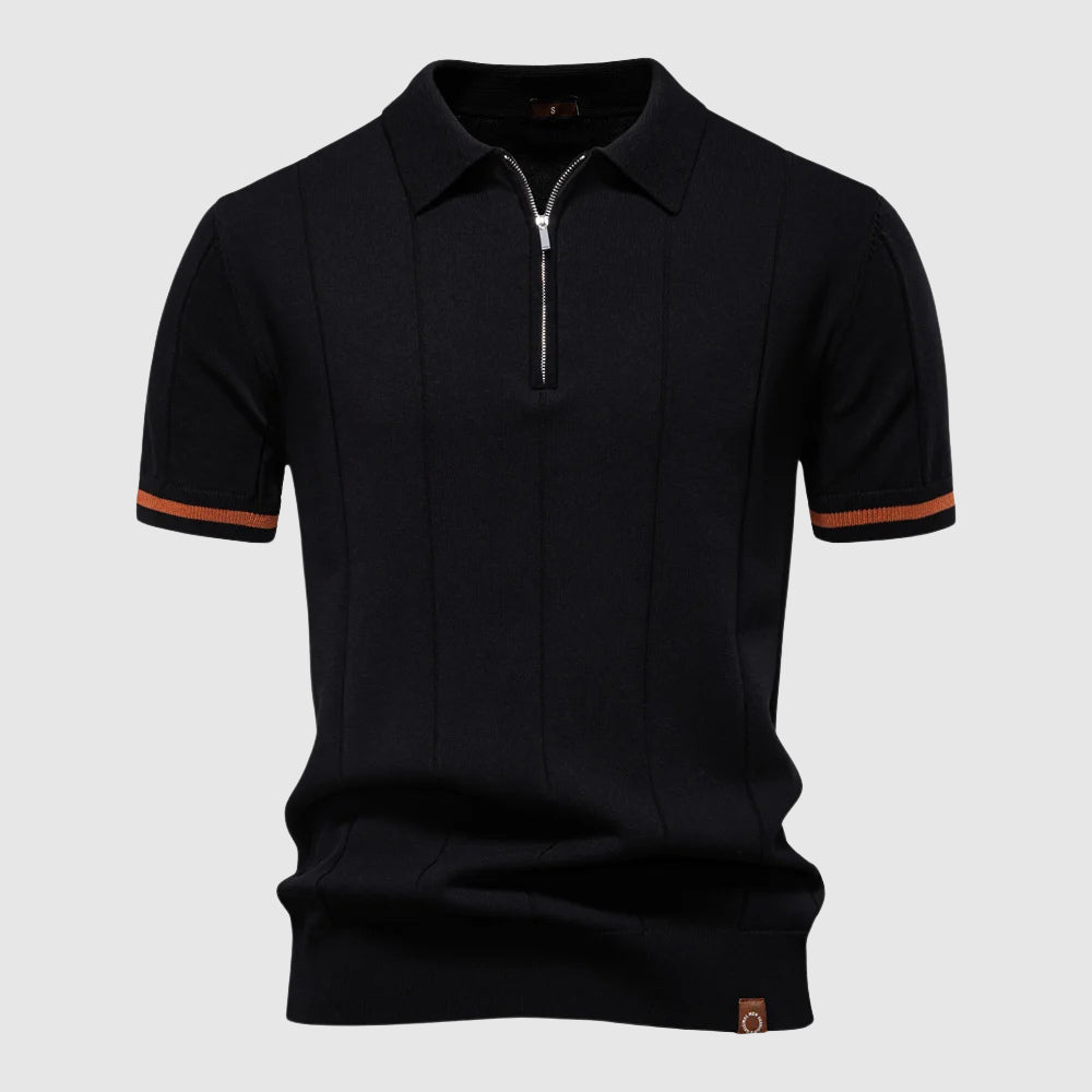 Theodore Willow MetroZip fitted polo shirt with zip collar, modern athletic cut, polyester-viscose blend