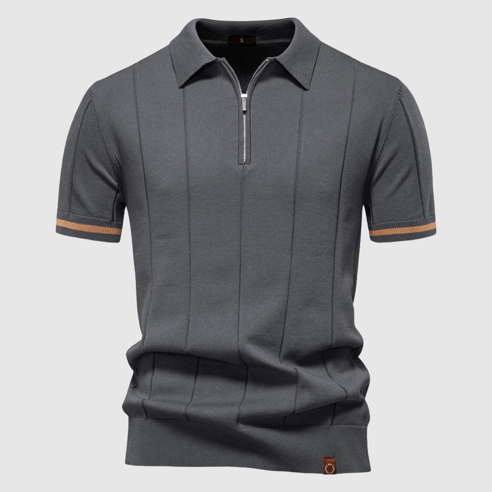 Theodore Willow MetroZip fitted polo shirt with sleek zip collar, modern athletic cut, polyester-viscose blend