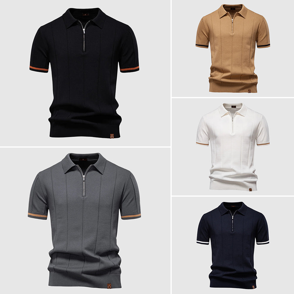 Theodore Willow MetroZip fitted polo shirt with sleek zip collar, modern athletic cut, polyester-viscose blend