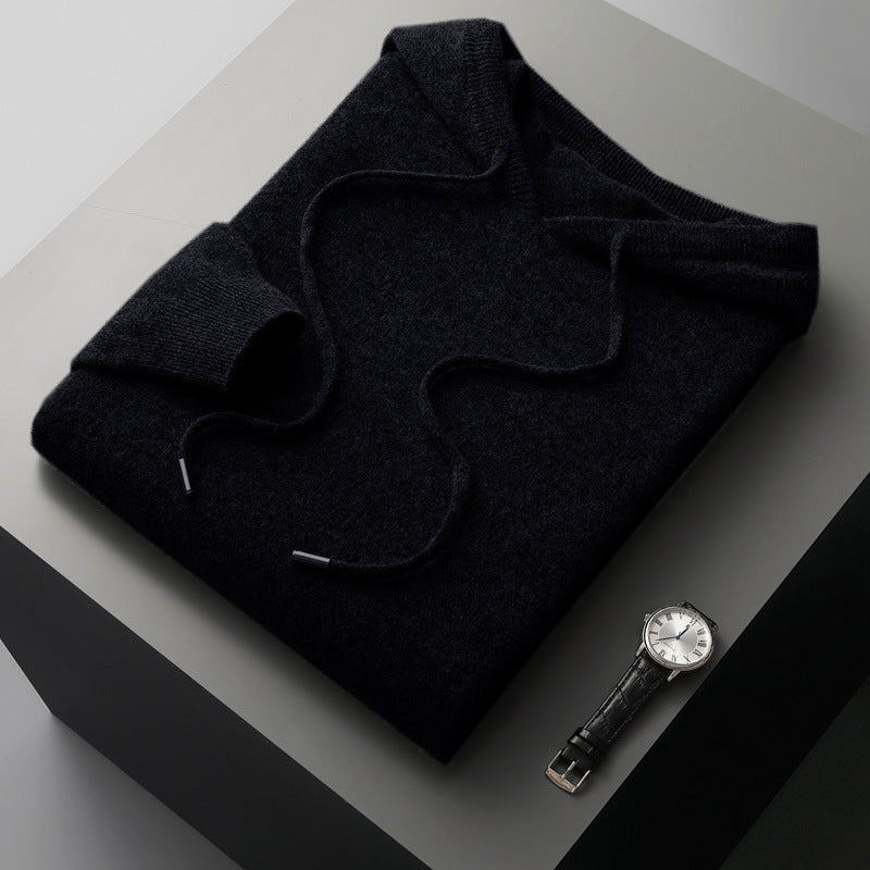 Premium merino wool hoodie in neutral tone, relaxed fit with cozy drawstring hood, 100% luxury knitwear
