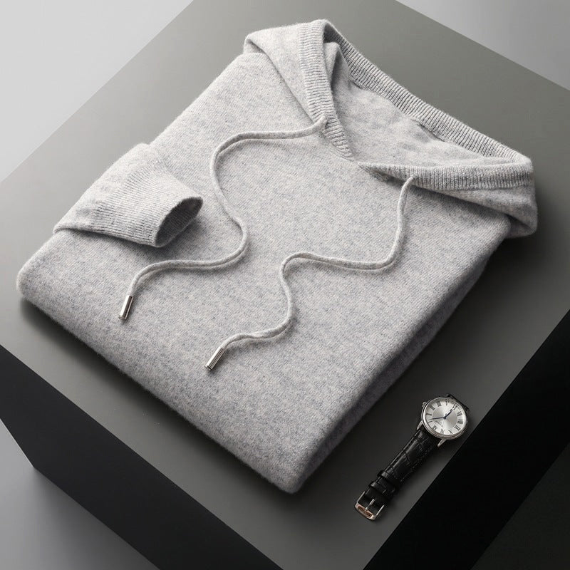 Premium merino wool hoodie in classic neutral tone, relaxed fit with cozy hood and luxury soft finish