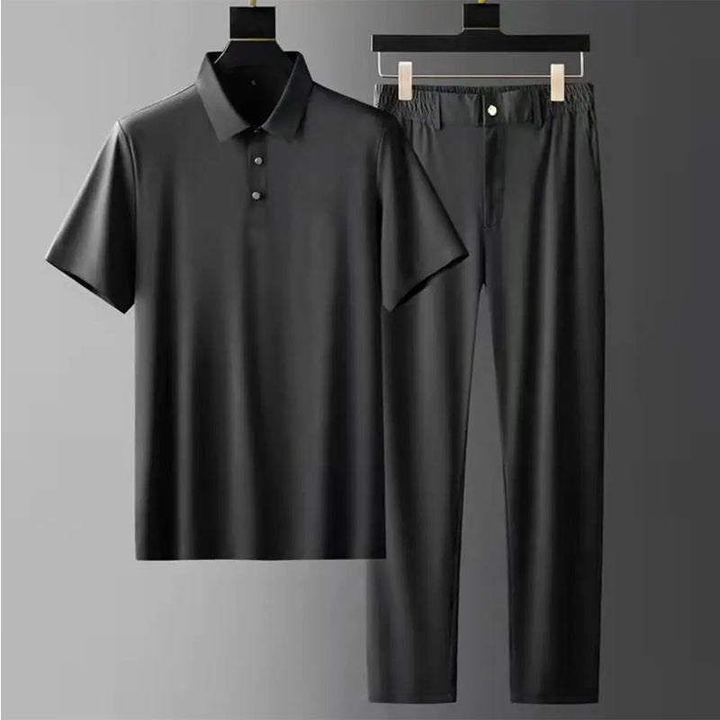 Theodore Willow short sleeve shirt and pants set with turn-down collar half-button refined casual style