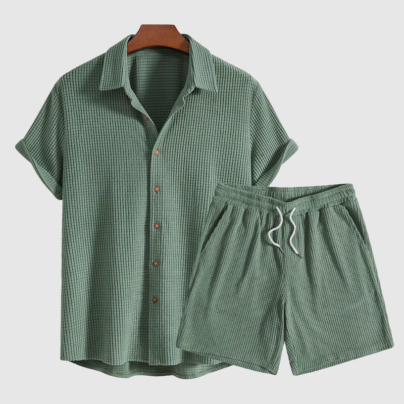 Men's beige relaxed short-sleeve shirt and shorts set with drawstring waist