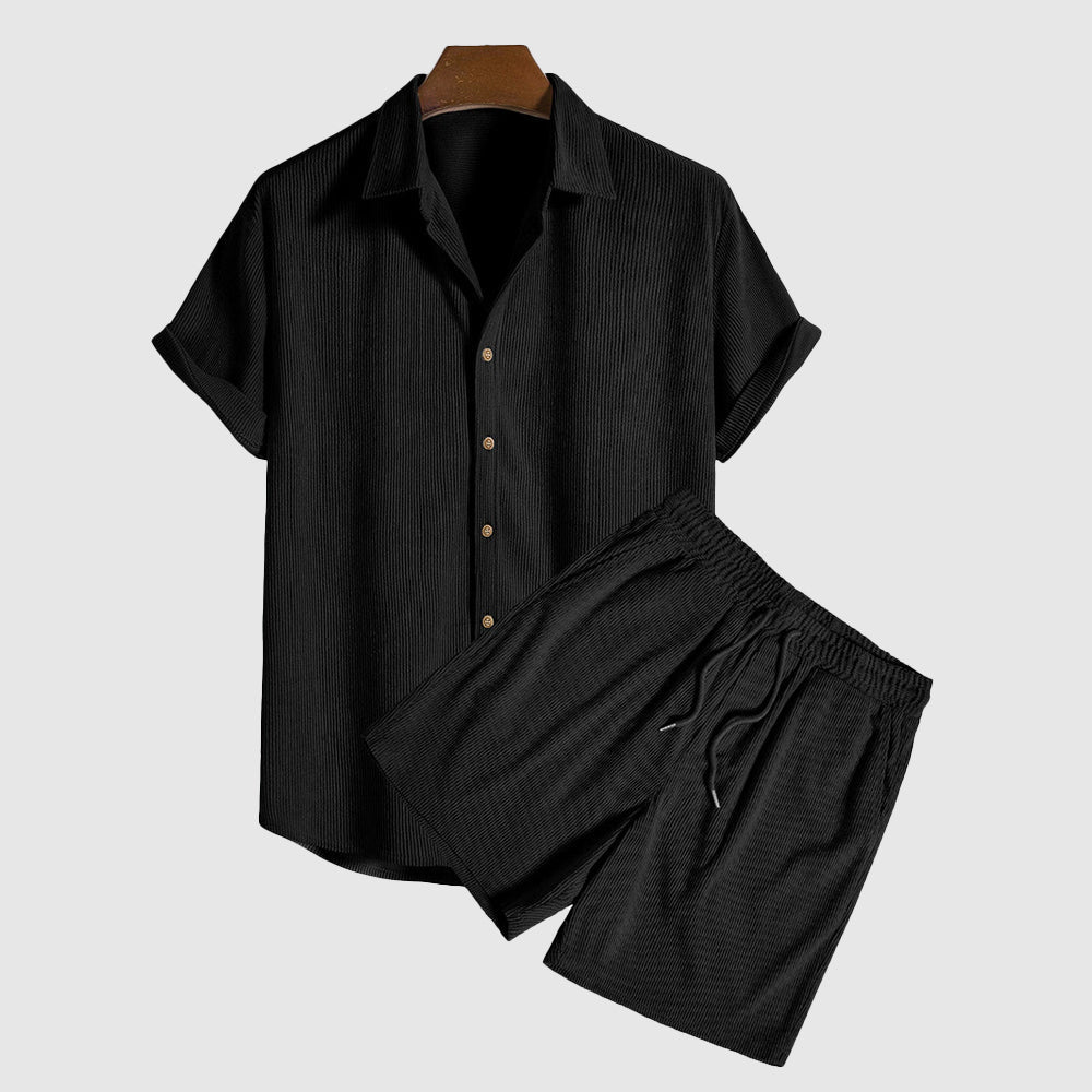 Beige relaxed short-sleeve shirt and drawstring shorts matching set with button-up closure