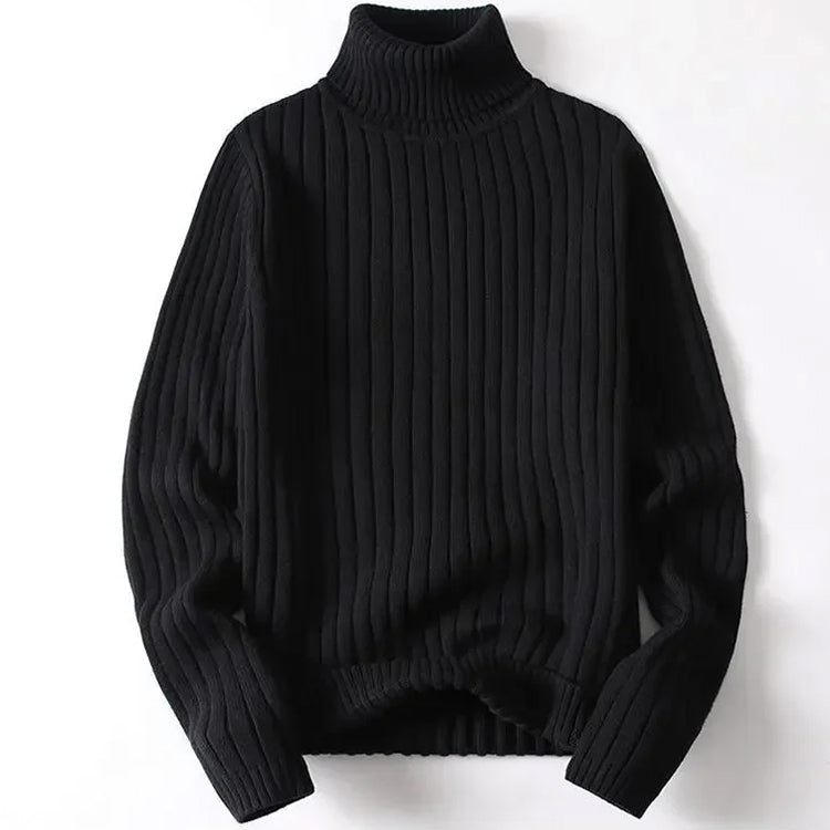 Theodore Willow beige roll top knit sweater in soft cotton-acrylic blend with elegant turtleneck
