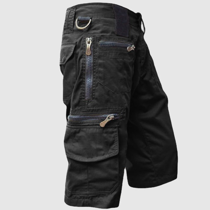 Theodore Willow olive green cargo scout shorts with multi-pocket design and zipper fly closure
