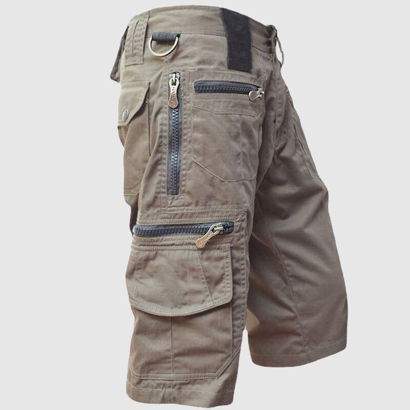 Theodore Willow khaki cargo scout shorts with multi-pocket design and zipper fly closure