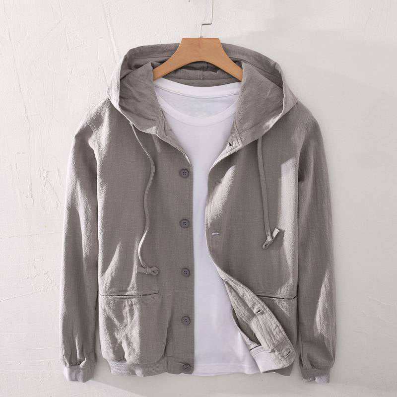 Light ramie cotton blend hoodie jacket with button closure and front pockets for spring transitional wear