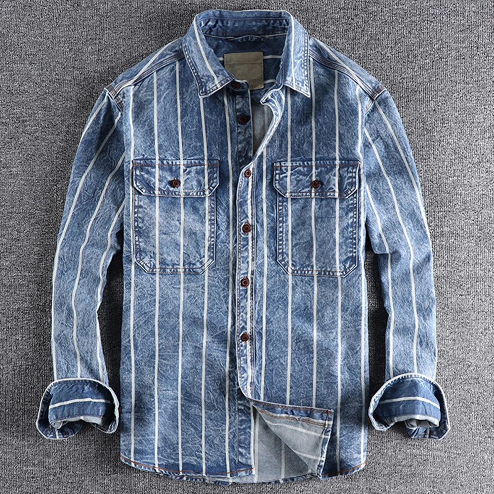 Blue and white striped denim shirt vintage-inspired washed midweight cotton with front pockets