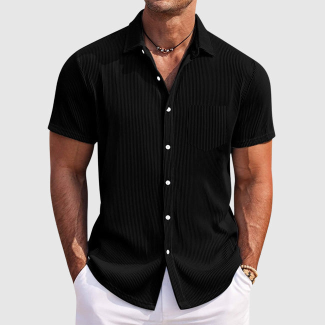 Men's striped short sleeve button-up shirt relaxed fit lightweight casual vacation wear subtle vertical stripes