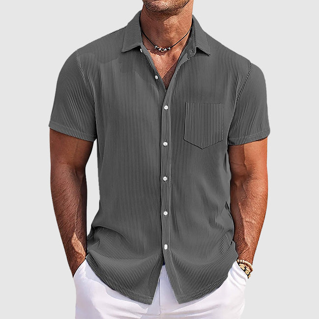 Men's striped short sleeve button-up shirt relaxed fit lightweight casual vacation wear subtle vertical stripes