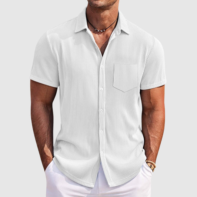 Men's striped short sleeve button-up shirt relaxed fit lightweight casual vacation wear subtle vertical stripes