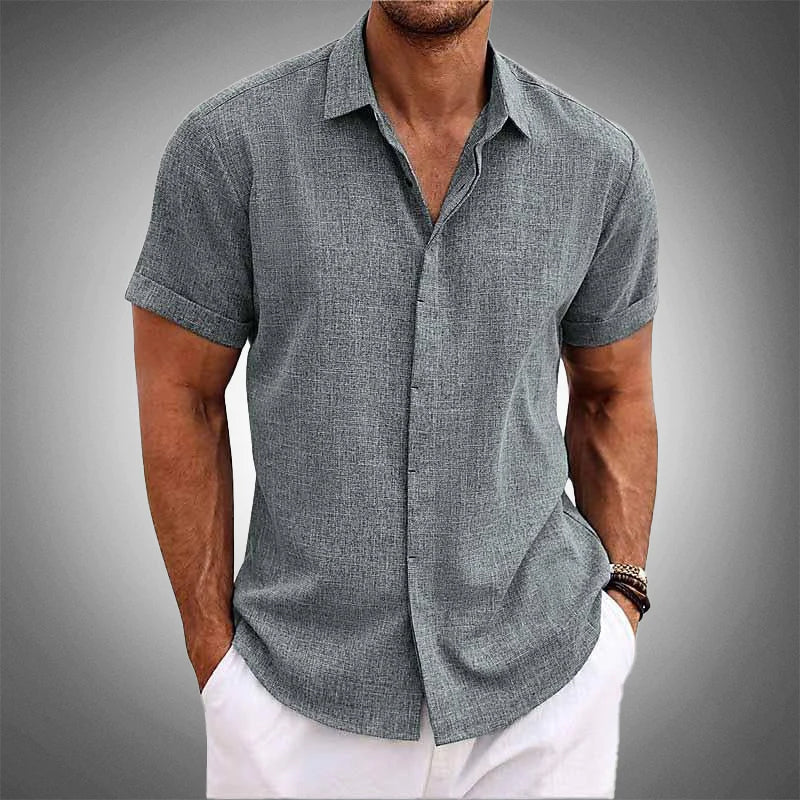 Men's tropical print linen blend shirt, short-sleeve button-up with wrinkle-resistant stretch fit