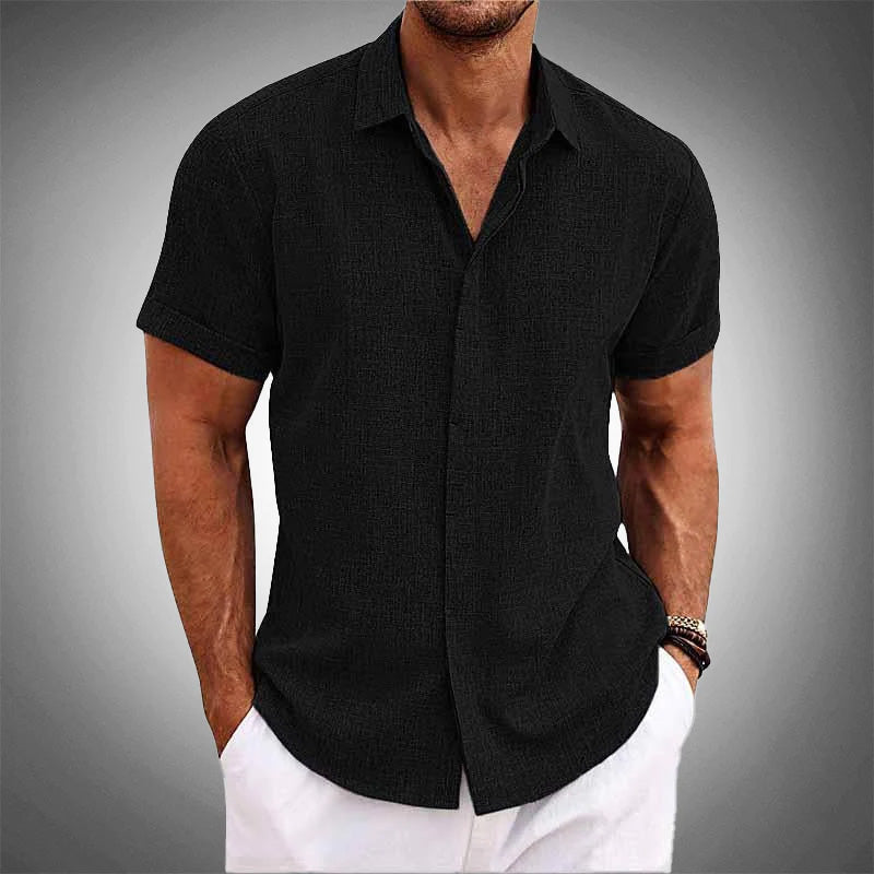 Men's tropical linen blend short-sleeve shirt in willow, button closure, wrinkle-resistant relaxed fit