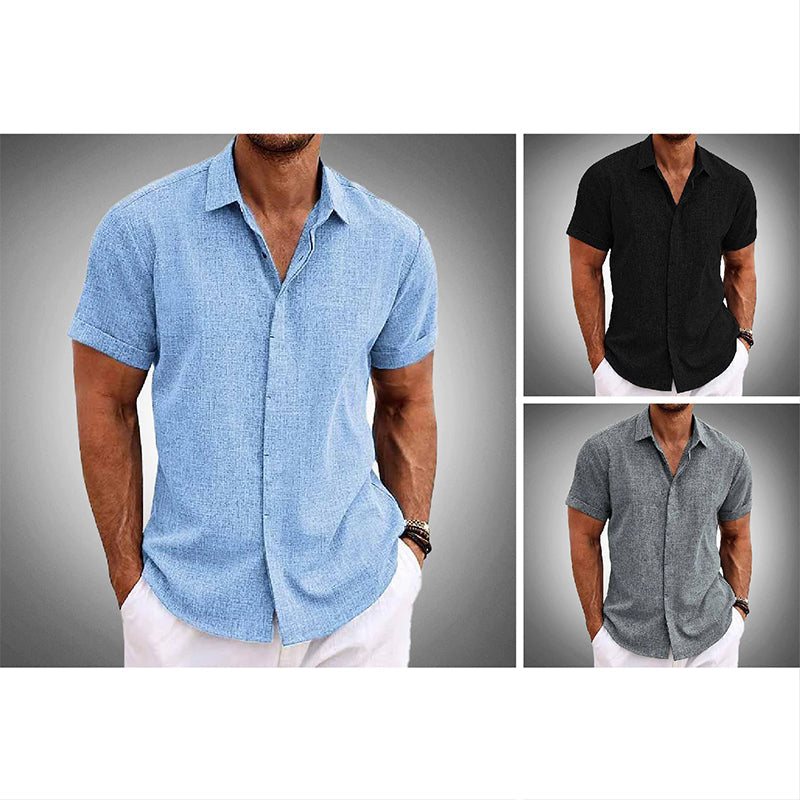 Men's tropical linen blend short-sleeve shirt in willow green with wrinkle-resistant button closure