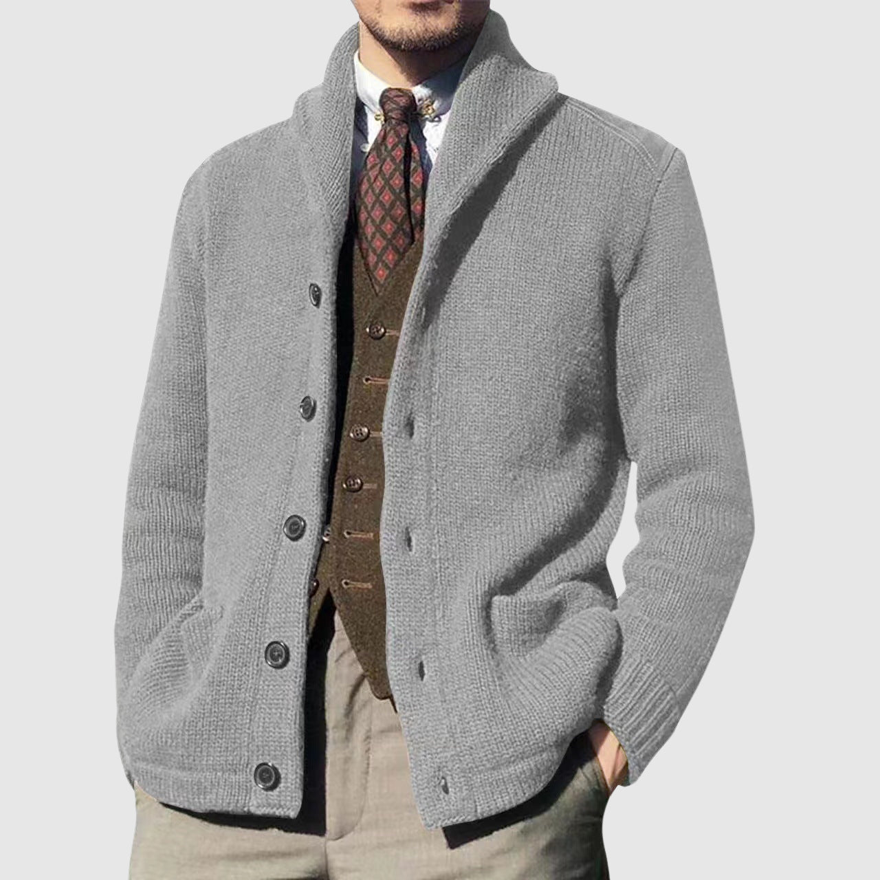 Vintage knit cardigan relaxed fit refined lapel collar color-matching design timeless elegance