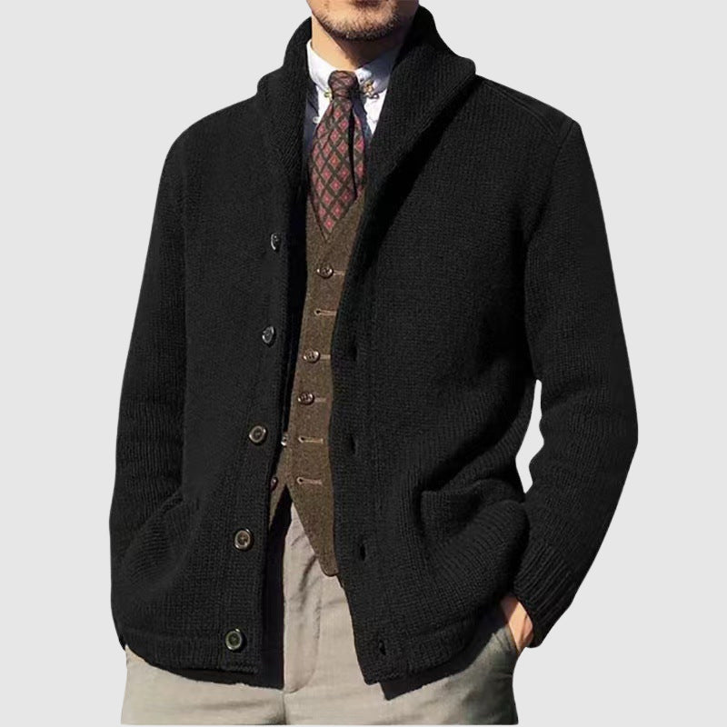 Vintage knit cardigan relaxed fit refined lapel collar color-matching design timeless casual elegance