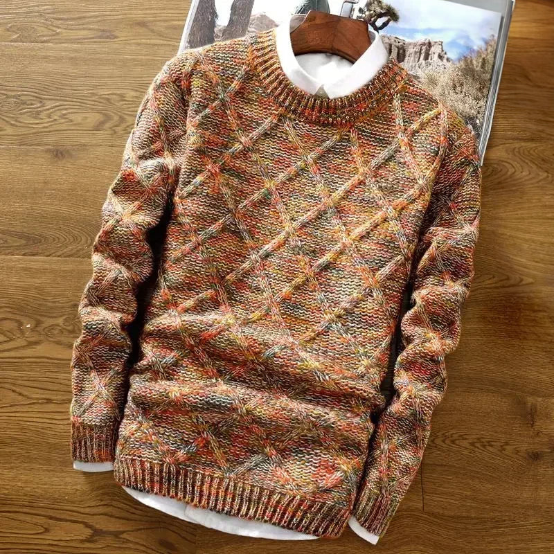 Multicolor geometric knit crewneck pullover in vibrant wool-blend with bold pattern design