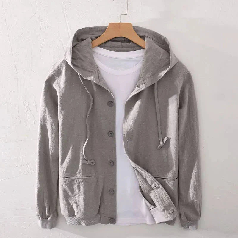 Men's lightweight linen blend button-up hoodie relaxed fit with drawstring hood and front pockets