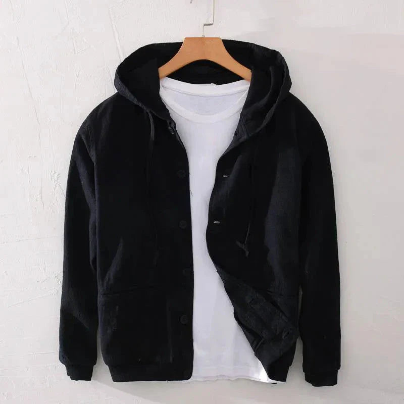 Men's lightweight linen blend button-up hoodie relaxed fit with drawstring hood and front pockets